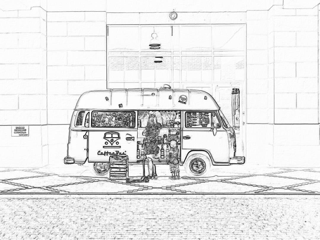 coloring page, white background, simple lines, low detail, no shading, drawing of A coffee shop on wheels parked in front of the store with people drinking their drinks and watching an artist creating art inside. The van is decorated like it’s from another era, complete with vintage wood panel walls and classic bus windows. In one window, there should be a small counter for customers to order at. On its side doors, you can see shelves filled with various shades of coffee beans. in the style of disney pixar