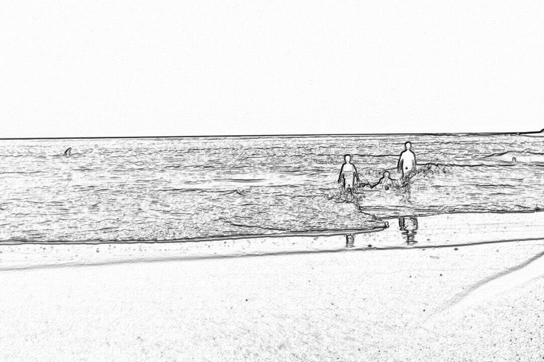 A black and white storyboard sketch of two people playing in the surf on an empty beach. The camera angle is far away from them against a white background.