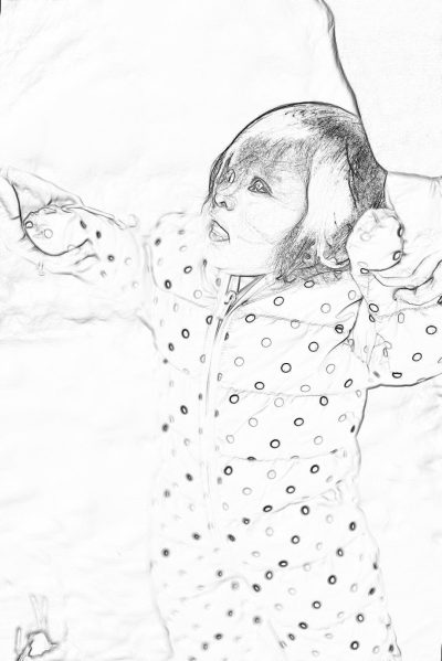 Black and white line sketch of a baby girl wearing a polka dot romper, sleeping on a bed with her arms outstretched, in a close up shot.