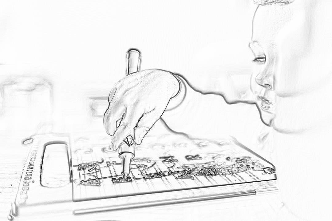 A hand drawing of someone playing an electronic board game, in a storyboard style, as a pencil sketch, on a white background, with simple lines.