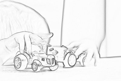 A rough pencil sketch of an anthropomorphic bear driving a toy tractor in the style of a children's book, with simple lines and low detail without shading on a white background.