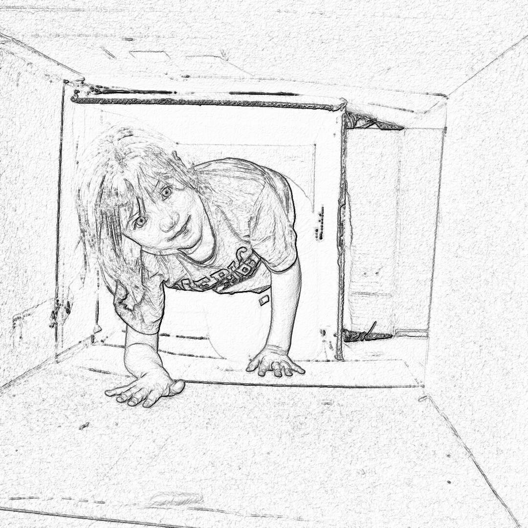 A pencil sketch of an attractive young woman with messy hair, wearing jeans and a t-shirt crawling through an opening in the floorboards leading to a secret room. She is reaching out towards the camera. The scene takes place inside what seems like a normal house but there is something mysterious about it that she has yet to explore.