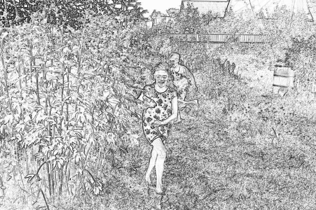 Black and white line drawing of two young girls running in the garden, one carrying flowers on her head with their mother watching from behind them. The background is an overgrown vegetable patch full of vegetables.