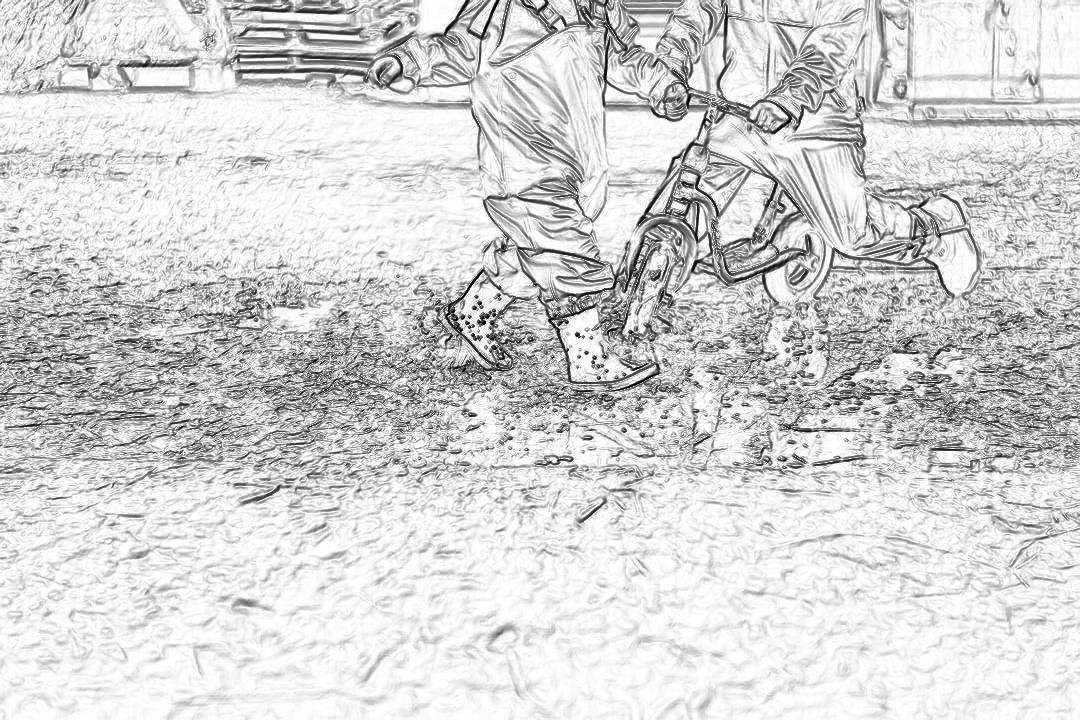 Black and white storyboard line rough sketch, simple pencil drawing of a children’s coloring page style close up shot of two young kids riding their bmx bikes in the yard with one boy wearing long trousers with shovels on his boots, white background, black lines only, high contrast, low detail.