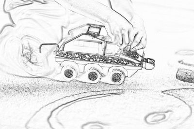 A person is drawing on the surface of an armored vehicle with black ink, while another hand holds and smiles at it. The background features simple lines depicting sand dunes and water, creating a children's coloring page style that adds to its simplicity. It captures a moment where creativity meets playfulness in every detail in the style of a low angle shot with a wide angle lens.