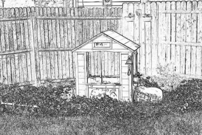 Black and white pencil sketch of an outdoor playhouse in the backyard with a wooden fence, garden and flower bed. The children's house has windows and doors decorated in the style of hand drawn graffiti. In front there is a small well and stone table for playing board games or drinking water on hot days. No people are visible. Sketch style.