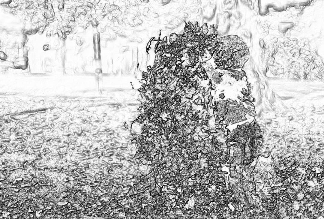 A black and white sketch of an adult man with his back to the camera, standing in front of bushes that have leaves falling off them, while he is raking up leafs from ground, creating a dynamic scene. The background features trees and other plants, adding depth to the composition. Black ink pen drawing with sharp lines and shading for texture.