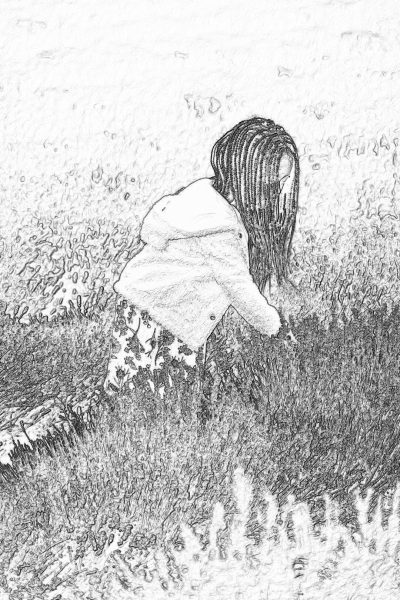 A girl in a white coat sitting on the grass, with her back to us, is picking flowers from the ground. The background features an open field of wildflowers and shrubs. It is a black pencil sketch drawing without shading or color in the style of Black pencil sketch drawing.