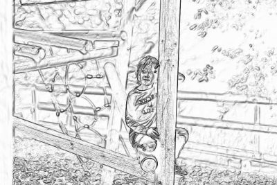 A young boy in his football kit is climbing the play structure at an outdoor playground, captured from behind with only one arm visible on the left side of the page. The drawing style should be simple and clear for easy coloring. It is a black and white line art drawing on paper, focusing more towards cartoon-like characters than realistic details.