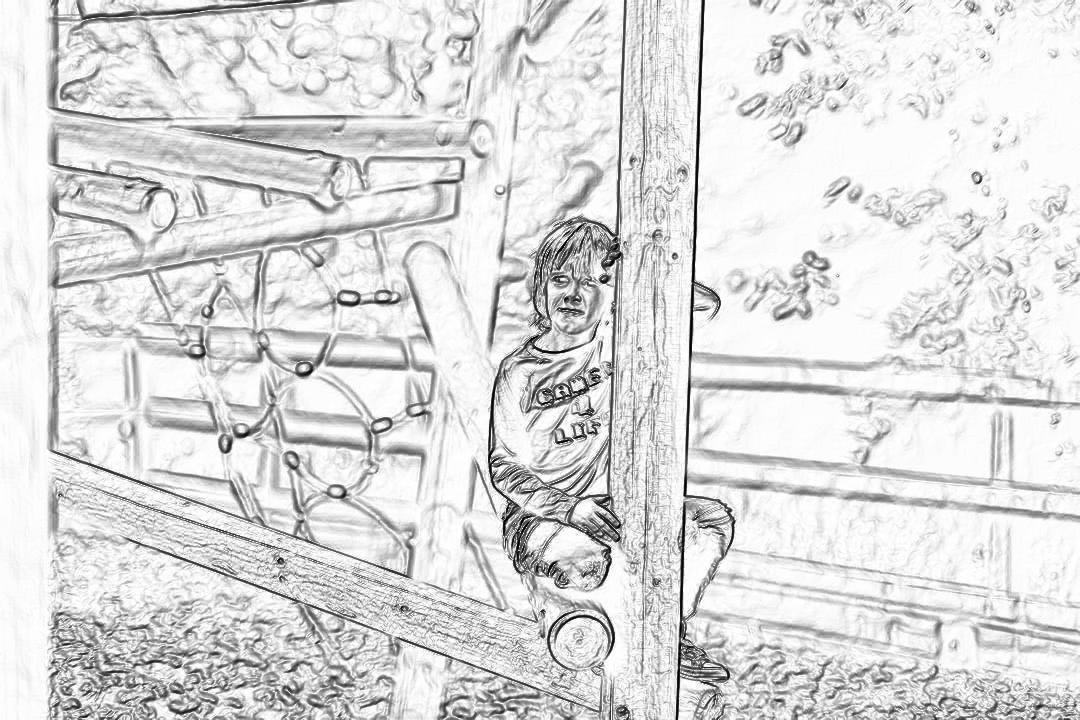 A young boy in his football kit is climbing the play structure at an outdoor playground, captured from behind with only one arm visible on the left side of the page. The drawing style should be simple and clear for easy coloring. It is a black and white line art drawing on paper, focusing more towards cartoon-like characters than realistic details.