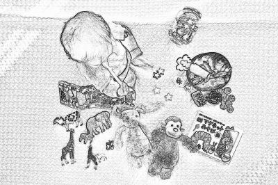 black and white pencil drawing, top down view of baby toys scattered on the floor, a baby sleeping in the background with a blanket over its head, the toddler's toy box is open to show board games inside, one monkey puppet laying next to an elephant doll and other animal puppets, in the style of a childrens book illustration, simple line art