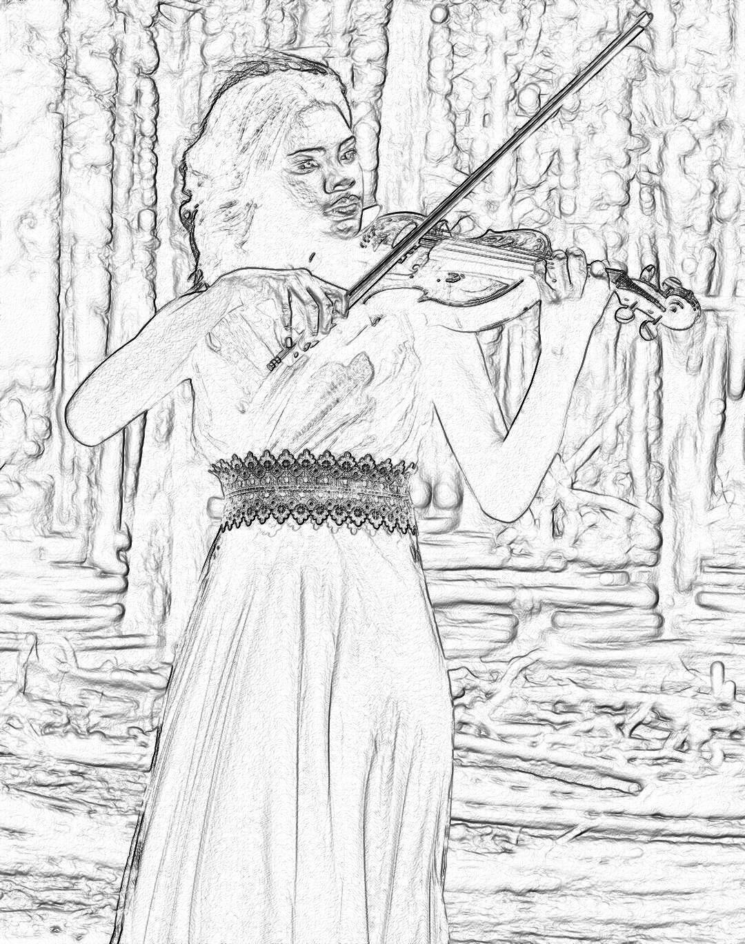 Coloring page, female violinist in elegant dress playing on stage, thick lines, no shading, low detail black and white drawing by [Anne Stokes](https://goo.gl/search?artist%20Anne%20Stokes) for coloring book