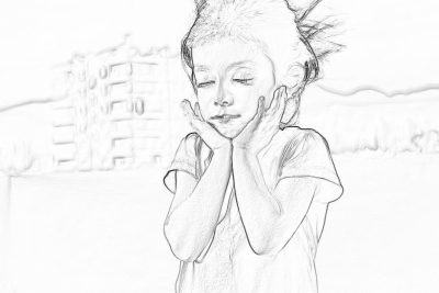 A little girl with her hands on her face is holding her head in pain, in a pencil drawing style with a white background, simple art style, in the style of a children's book illustration with thick lines and solid colors, flat illustrations, a black and white color scheme, a closeup portrait front view with a blurred city street scene in the background.