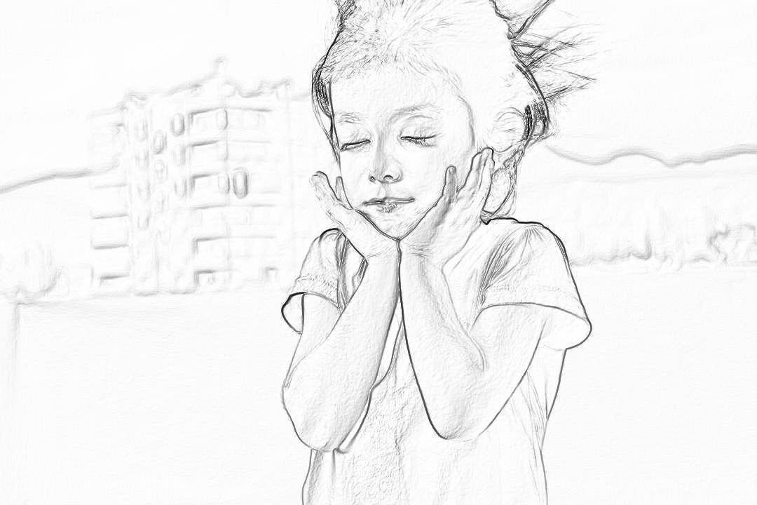 A little girl with her hands on her face is holding her head in pain, in a pencil drawing style with a white background, simple art style, in the style of a children’s book illustration with thick lines and solid colors, flat illustrations, a black and white color scheme, a closeup portrait front view with a blurred city street scene in the background.