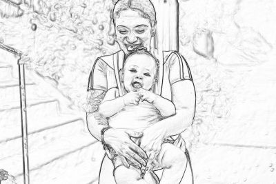 Coloring book page, mother holding baby in her arms smiling and looking at the camera with tattoo on arm. She is standing inside house. The background shows white walls. In style of cartoon drawing no grayscale , line art, high resolution, no shading, clean lines, black ink, white space around for coloring pages.