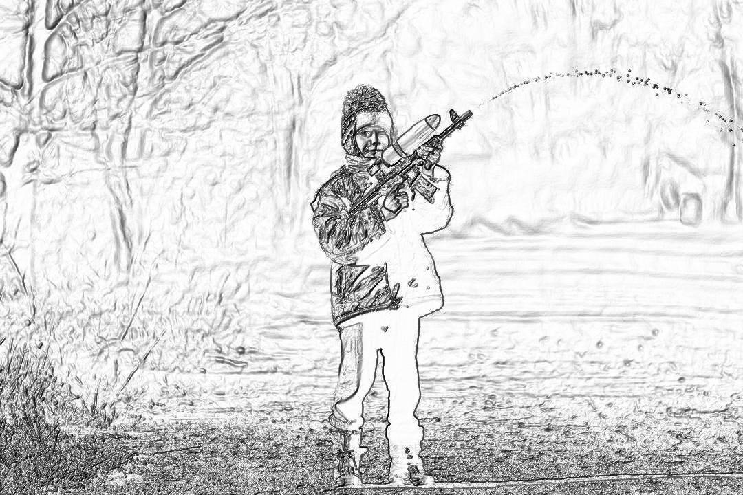 A child fishing with an air gun, standing by the river in winter,, rough sketch , black and white pencil drawing, simple lines, low detail, no shading, coloring page style