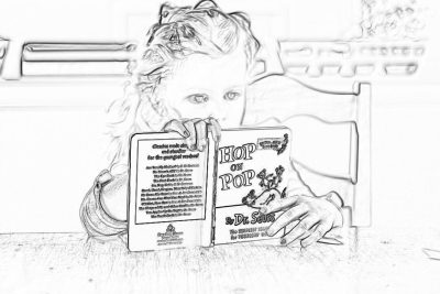 A young girl reads "Blade Runner" in the style of [Dr. Seuss](https://goo.gl/search?artist%20Dr.%20Seuss). She is sitting at a table with her book open to page one of "Hop on Pop". The simple line art style has a white background with low detail and no shading, like coloring pages for kids.