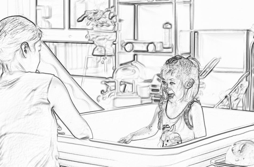 black and white line drawing of the child sitting in an empty bathtub, laughing while his mother washes him with water from a bottle on top of their kitchen sink. The background is blurred to focus attention on them. They both have messy hair, dressed casually for playtime. In the style of a coloring book page, with simple clean lines. No shading or color fill; just outlines using black ink on light gray paper.