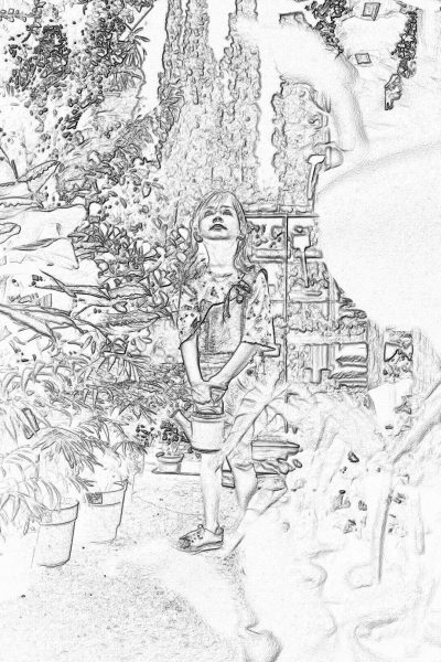 A young girl is using an electric leaf blower to clean up the garden, surrounded by various plants and flowers in her backyard. The sketch itself has no color, it is just pencil on paper, but you can see that she looks happy as if she loves gardening. The scene includes other people around her helping out with different tasks such as splashing water from watering cans or plugging power tools into outlets in the wall for lights and shelves.