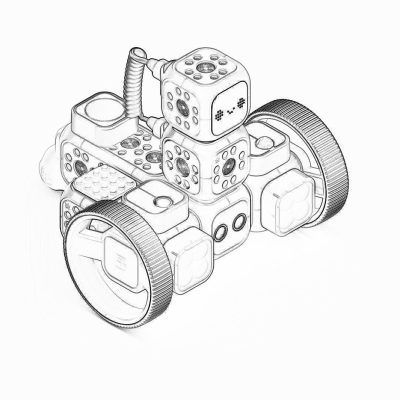 A simple line drawing of robot made from dice, industrial design sketch style, black and white with clean lines. The robot has four wheels on its bottom, two arms that have square blockshaped basic parts attached to the top with small lights in them, and is equipped with three tiny camera lenses at each end. It appears friendly or playful, designed for children's toy use. White background. No shading, vector file, natural lighting, high resolution, no shadows.