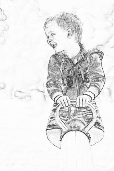 A pencil sketch of an adorable little boy riding on the seesaw, smiling and having fun. The background is white with subtle clouds in the sky. He's wearing casual that complement his playful mood. Black lines and shading create depth to highlight details like facial expressions and textures. A touchable quality detail adds realism while maintaining simplicity. It conveys warmth and innocence.,