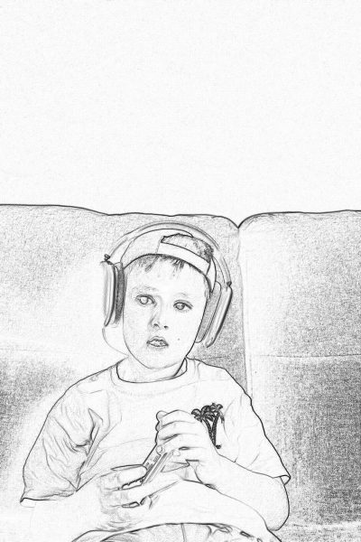 A little boy wearing headphones is sitting on the sofa playing games with his phone. The simple drawing style uses simple lines in black and white with a crayon sketching and children's coloring page style. There are simple details and lines with a simple white paper background. The high resolution image has high quality and detail in a defined style.