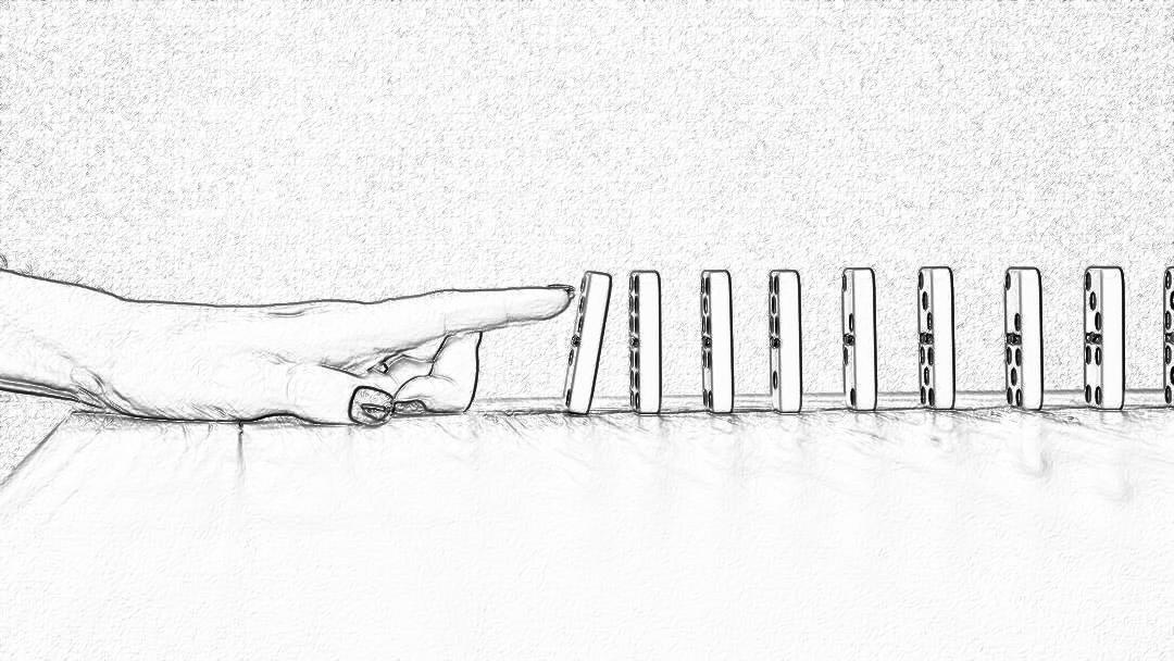 a hand is pushing dominoes in line, simple pencil drawing, white background, simple lines and shapes, monochrome, simple