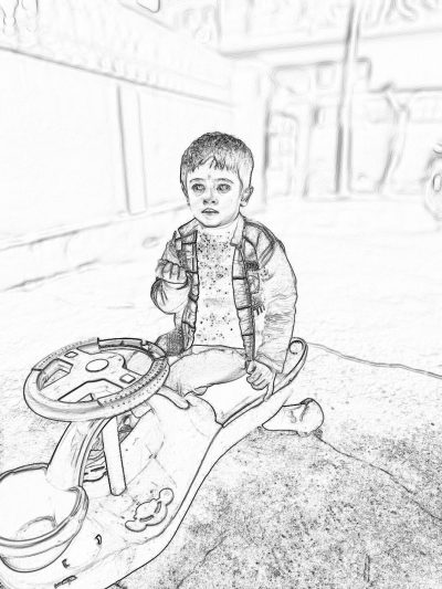 A cute little boy is sitting on the toy car, holding onto two delicate hands and riding it forward with his feet in line. The background of sketching includes simple street scenes, creating an overall pencil drawing effect. Black lines outlined his body features against white paper, giving him charming eyes that convey emotions through their expressive postures.,,in