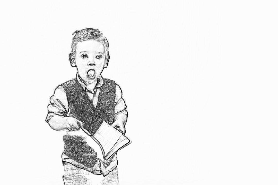 a little boy wearing vest and holding book, open mouth with tongue out , pencil sketch style, white background, simple lines, low detail