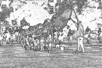 Black and white sketch of children holding large tree branches with people dancing around them in the background on street in cmadeira portugal, children playing in water puddles near cobblestone road, street party in daylight, people wearing traditional , drawing made using pencil, line art, strong lines, bold strokes, high contrast