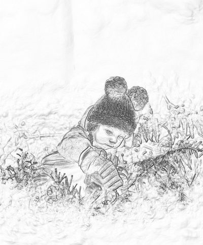 A little girl wearing winter  and a hat, playing in the snow with her family. A sketch style drawing of children picking flowers on the grass. The sketch is drawn in the style of hand using pencil or ink to create intricate details and textures that highlight features such as facial expressions,  styles, lighting effects, shadows, reflections, highlights, and atmospheric effects, while emphasizing depth and perspective in an expressive manner.