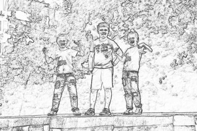 3 boys standing on the wall of AlcreateCommand Park, they smile and wave to the camera. The drawing is in the style of a pencil drawing with simple line art suitable for a coloring book for kids. There are low details, no shadows, no background, and no colors. It uses simple lines without shading or detail. The resolution is low without texture, shadow, or noise. It is a simple drawing without textures, color washes, color splashes, or gradients. The quality, definition, contrast, saturation, light, and sharpness are all low.