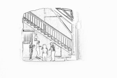 a simple pencil drawing of people standing at the bottom of an exterior staircase, white background, white space around illustration