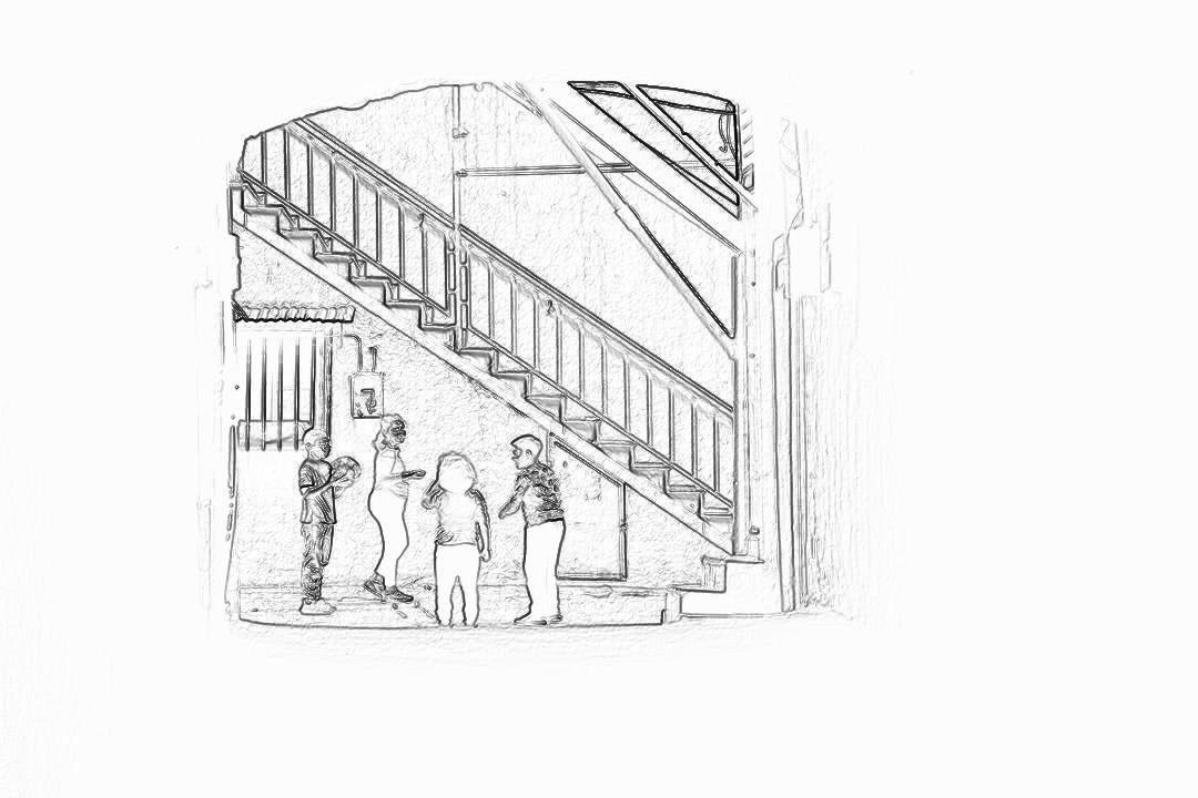 a simple pencil drawing of people standing at the bottom of an exterior staircase, white background, white space around illustration