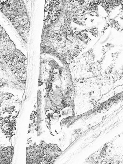 Black and white line sketch of wonder woman in the forest, on top of cliff with tree branches hanging over head, sitting under large oak tree looking down at baby dachshund laying below branch sleeping, high detail, high resolution