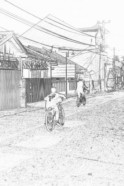 A simple black and white pencil drawing of kids on bicycles in the village street, in front view, in a doodle style with simple line art and thin lines, with a background featuring Indonesian traditional houses on white paper without shading or texture, in the style of a vector illustration by [Eiichiro Oda](https://goo.gl/search?artist%20Eiichiro%20Oda), resembling 2D game art with a flat design at a high resolution and with high detail and sharp focus without blur.