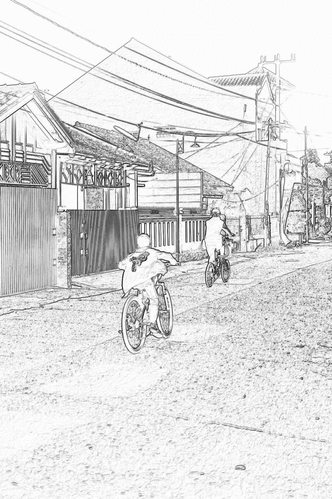 A simple black and white pencil drawing of kids on bicycles in the village street, in front view, in a doodle style with simple line art and thin lines, with a background featuring Indonesian traditional houses on white paper without shading or texture, in the style of a vector illustration by [Eiichiro Oda](https://goo.gl/search?artist%20Eiichiro%20Oda), resembling 2D game art with a flat design at a high resolution and with high detail and sharp focus without blur.