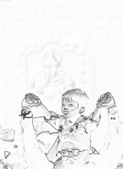 A pencil sketch of an happy little boy with glasses sitting on his dad's lap, both holding onto toy figures in their hands and cheering. The background is white. Sketchy art style. Black ink drawing.