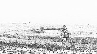 Black and white storyboard line rough sketch, simple pencil drawing of A woman in casual attire stands on the beach with her back to camera picking up pebbles from around an old wooden breakwater. The sea is calm behind her and there's a distant view of another shipwreck visible across it.