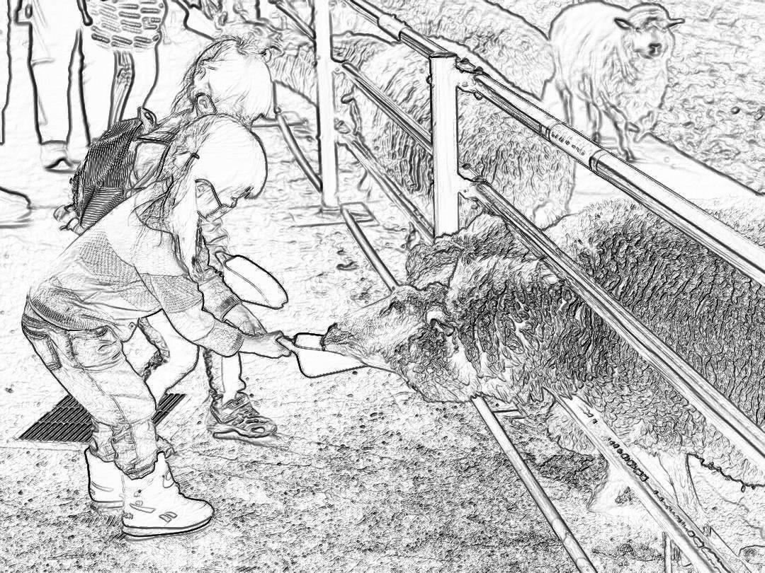 a black and white line art illustration of an adult woman with messy hair, wearing boots and jeans feeding animals at the zoo in front of one or two small cute little children holding on to her legs while she touches them, the scene is inside of barnyard where farm animal run along three tracks that lead up into wooden laser tag indoor arena