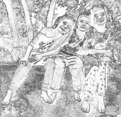 A black and white sketch of two young girls playing in the park. One girl is sitting on her friend's lap while they smile at each other. The background shows trees with leaves. The style should be detailed but simple to make it easy for children's coloring pages. The drawing must have high resolution details so that colored pencil can easily color without any shading or grayscale areas. It would also help if you could add some more elements such as a tree trunk or sky. Is there anything else?