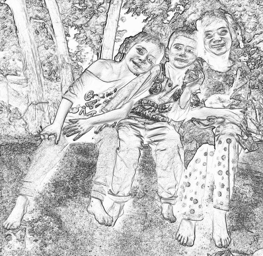 A black and white sketch of two young girls playing in the park. One girl is sitting on her friend’s lap while they smile at each other. The background shows trees with leaves. The style should be detailed but simple to make it easy for children’s coloring pages. The drawing must have high resolution details so that colored pencil can easily color without any shading or grayscale areas. It would also help if you could add some more elements such as a tree trunk or sky. Is there anything else?