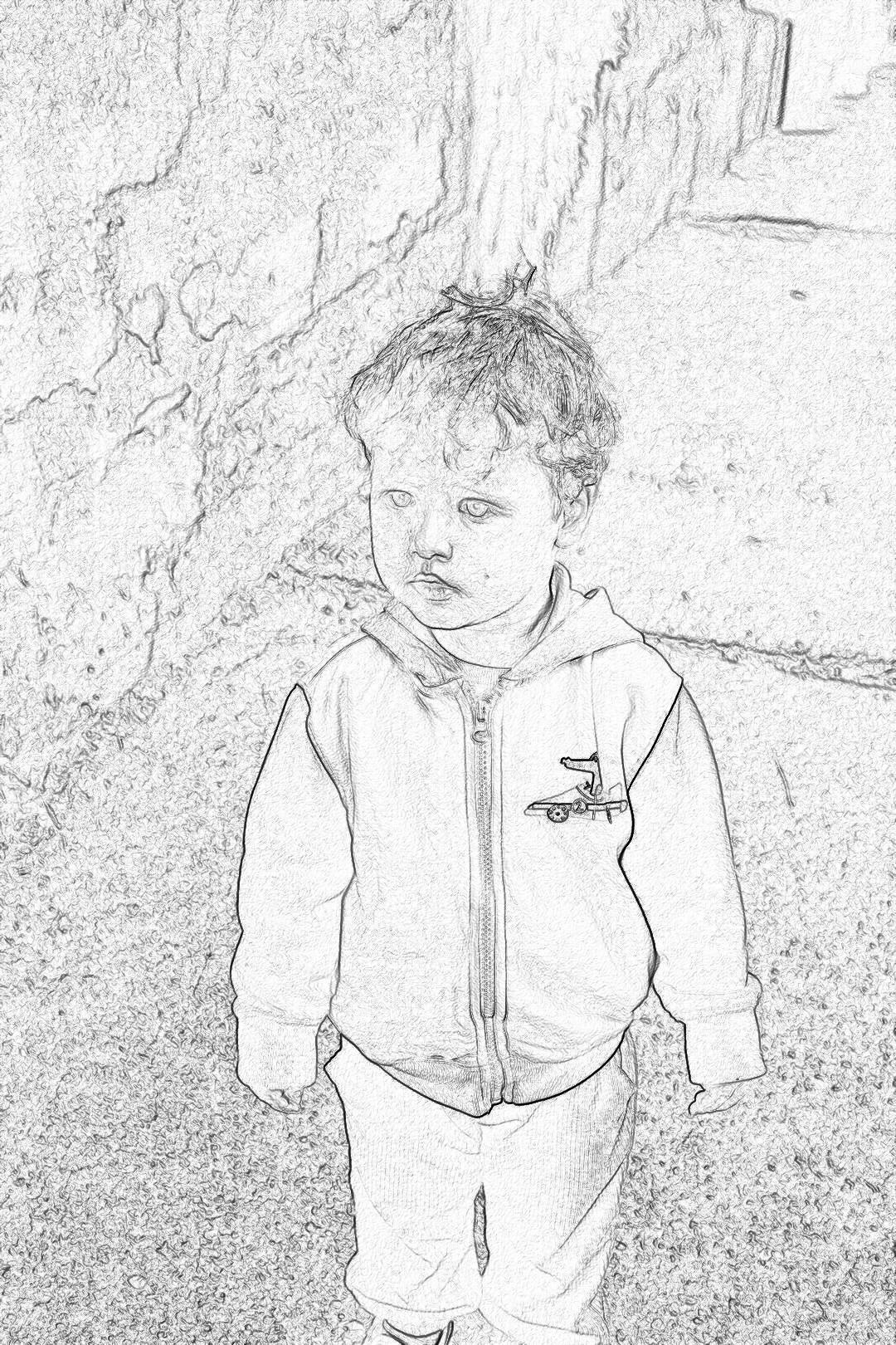 A cute baby boy wearing an adorable white hoodie and pants, standing on the street with a background of gray stone walls. The sketch is in the style of a simple pencil sketch with simple lines. The baby has a cute face with soft light and shadow. The coloring page for kids is in black line outline style on white paper with no shading or grayscale. The image is high resolution.