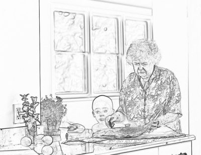 A black and white line art illustration of an elderly woman in the kitchen, with her little grandchild playing nearby on coloring book page