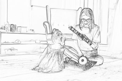 A simple black and white pencil sketch storyboard style of an adult playing the flute with her young child in front, both sitting on floor inside home playroom. The woman is wearing glasses. They have fun together. It's a magical moment. No background details, just lines.