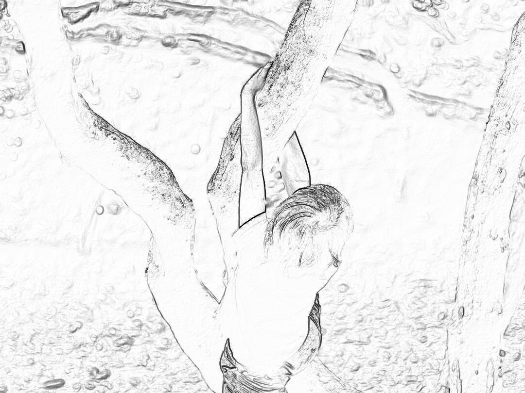 A coloring page of the back view of an attractive female swimmer hanging from her hands on bouldering holds. The black and white line art has simple, clean lines with low detail and no shading or color. The background is a wall with water droplets.