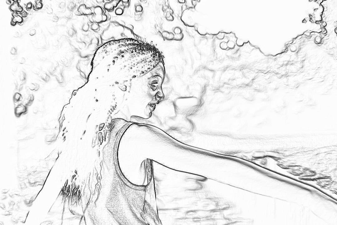 A black and white line art illustration of an African American woman with long hair, wearing tank top in the water park, splashing her face while doing cannonball pose. She is reaching out to touch something. The background features blurry clouds.