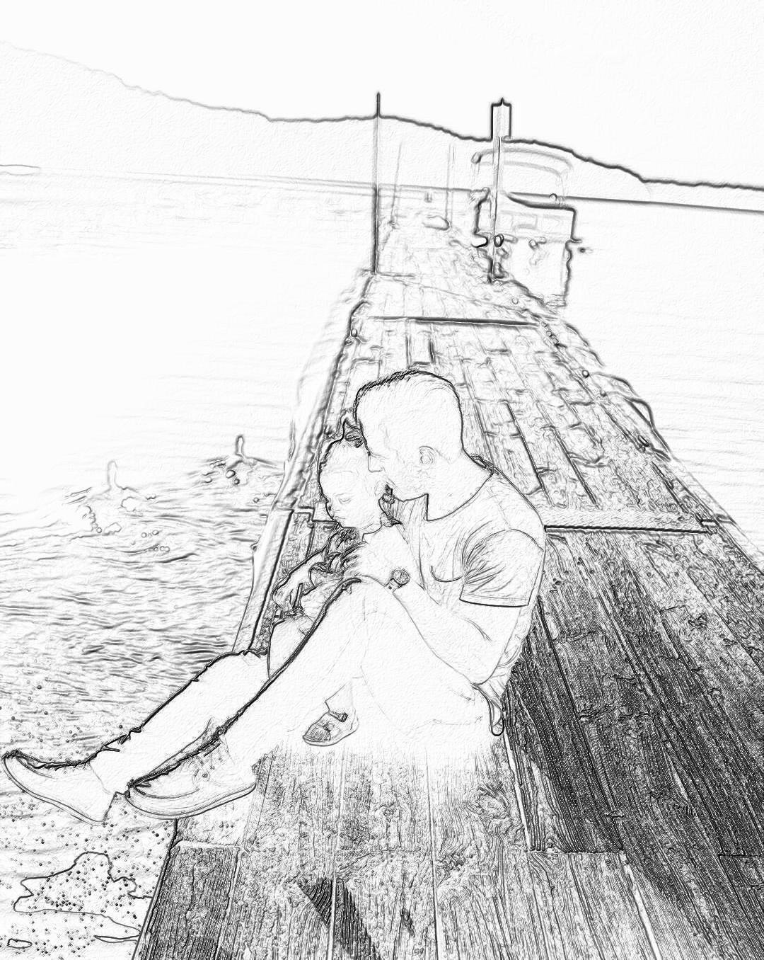 simple pencil drawing of a young man sitting on the edge of an old wooden pier, holding his little girl in his arms and kissing her head, in the style of a simple line art sketch with thin lines, no shading, low details, and low contrast at a low resolution and poor quality.