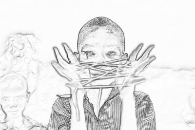 A black and white drawing of an African American boy with short hair, hands covering his mouth while holding two sticks in front of him that he is trying to break. The background has blurred outlines of faces in the style of digital airbrushing. It's a pencil sketch with soft shading on a solid white background.