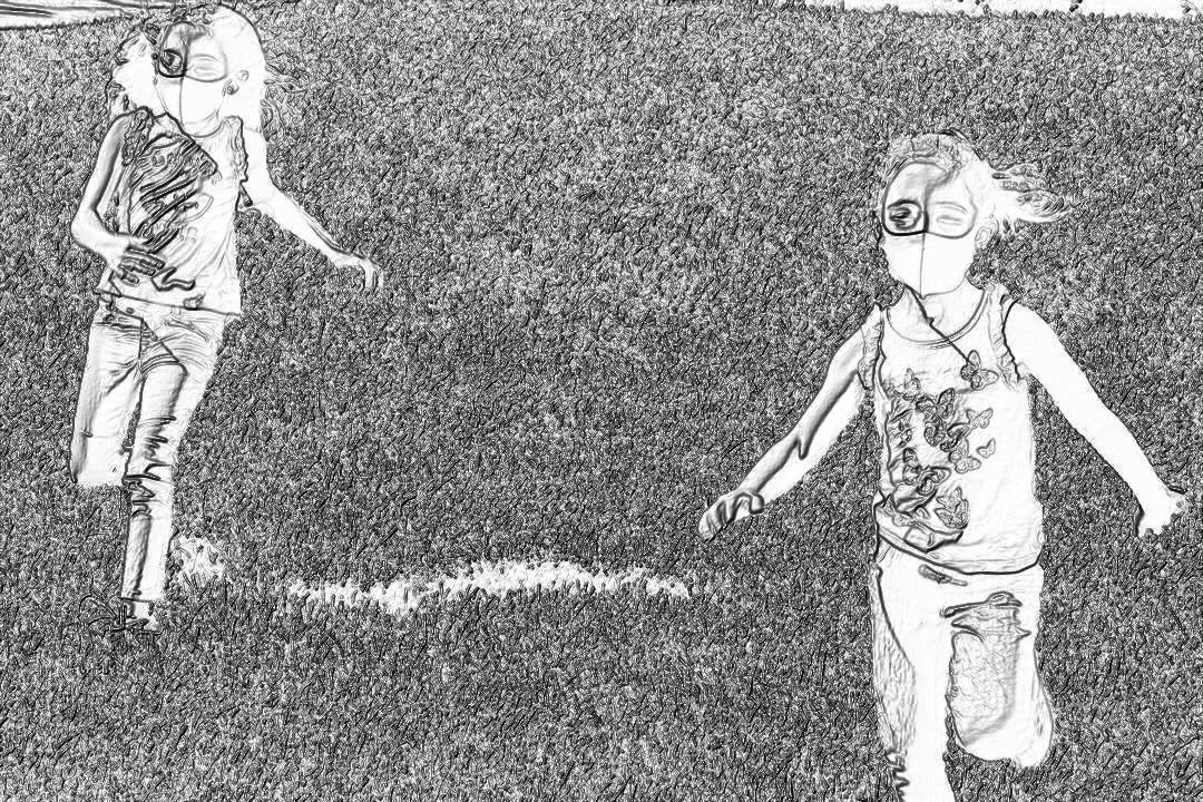 A black and white drawing of two young girls playing soccer on the field, one girl is wearing glasses, simple lines, low detail. The drawing is done in the style of simple lines with low detail.